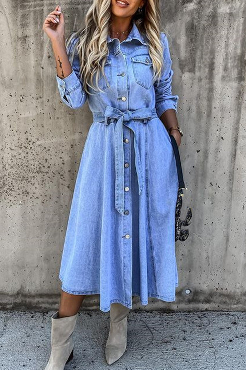 Work Elegant Solid Patchwork Pocket Frenulum Buckle Turndown Collar Long Sleeve High Waist Regular Denim Dresses