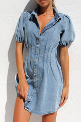 Sweet Elegant Solid Zipper Turndown Collar Short Sleeve Regular Denim Dresses