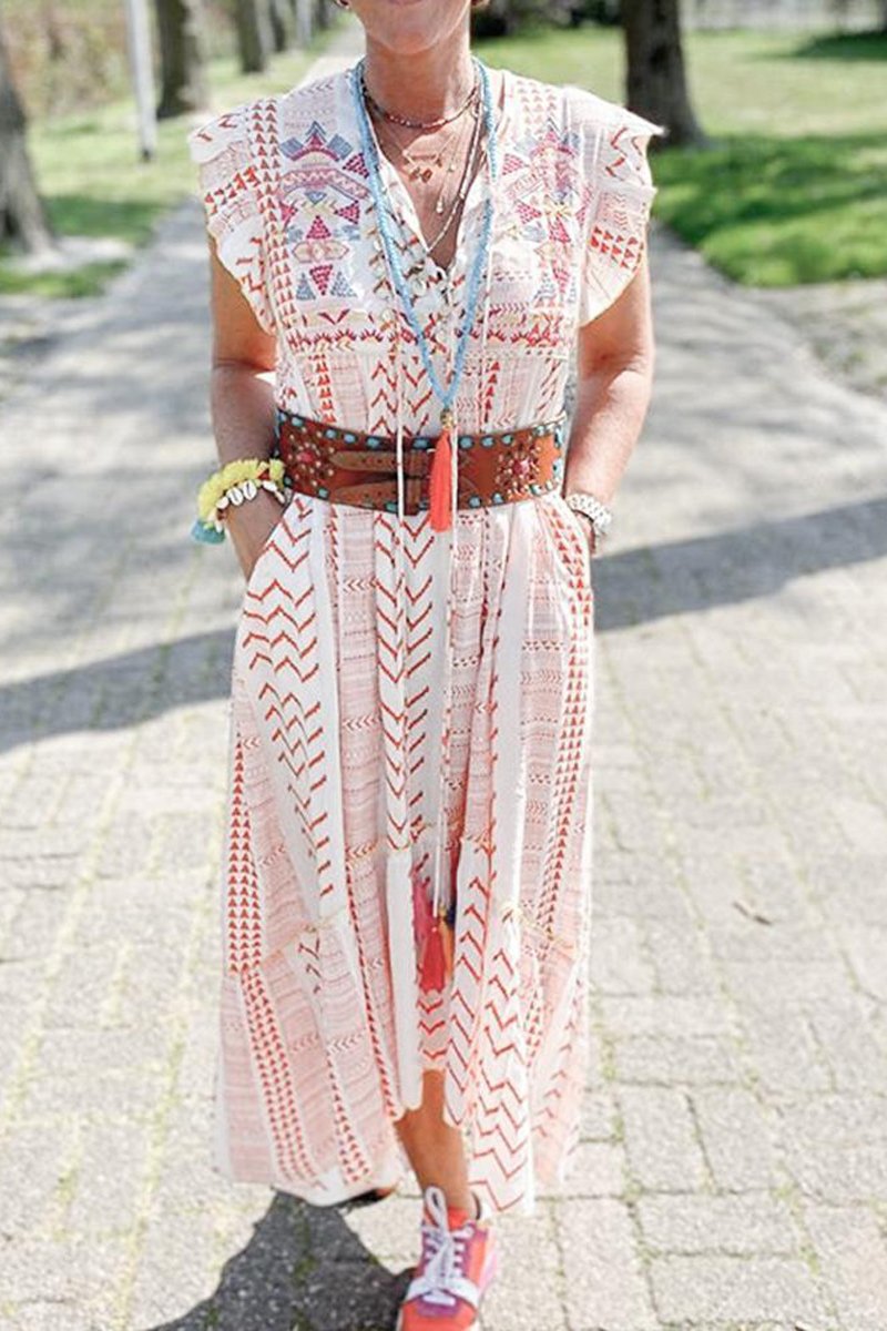 Bohemian V-Neck Lace-Up Neckline Dress