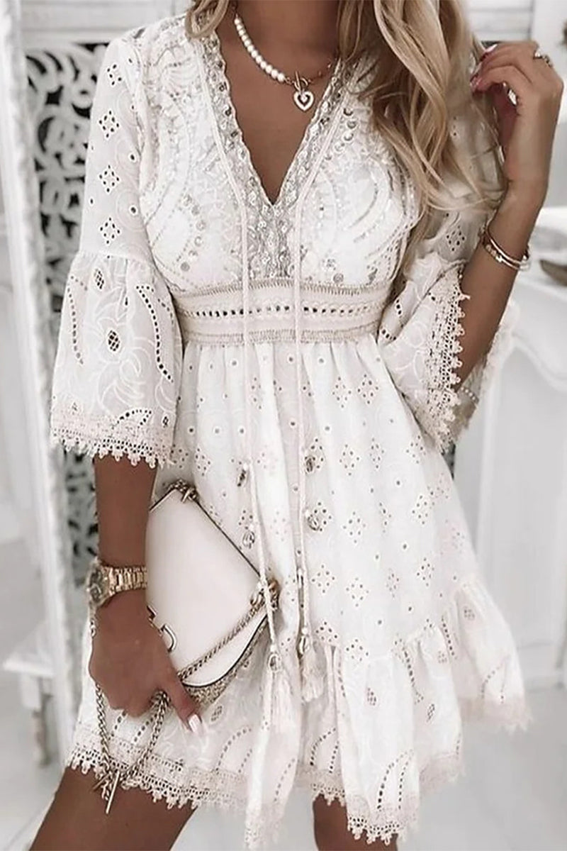 Sweet Elegant Solid Tassel Embroidered Hollowed Out V Neck A Line Dresses