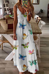 Butterfly Print Strapped Maxi Dress