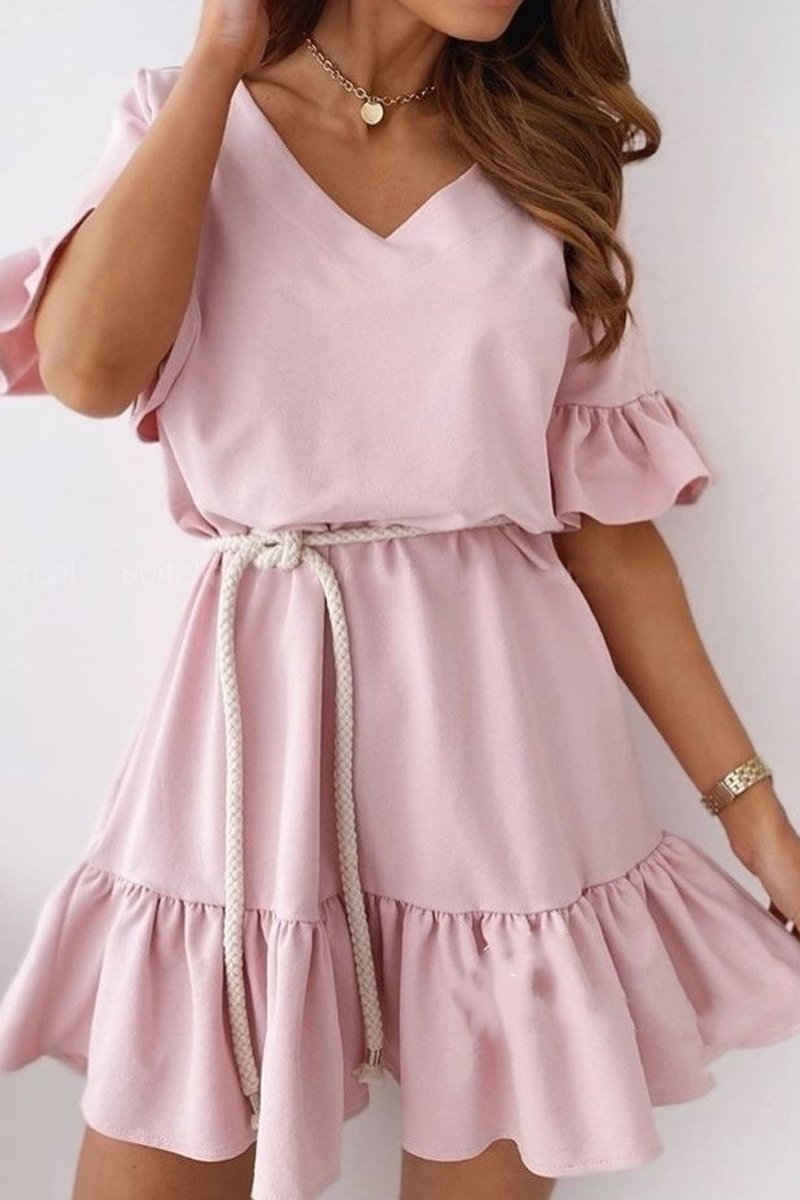 Ruffle Hem Solid V-Neck Dress(With Belt)