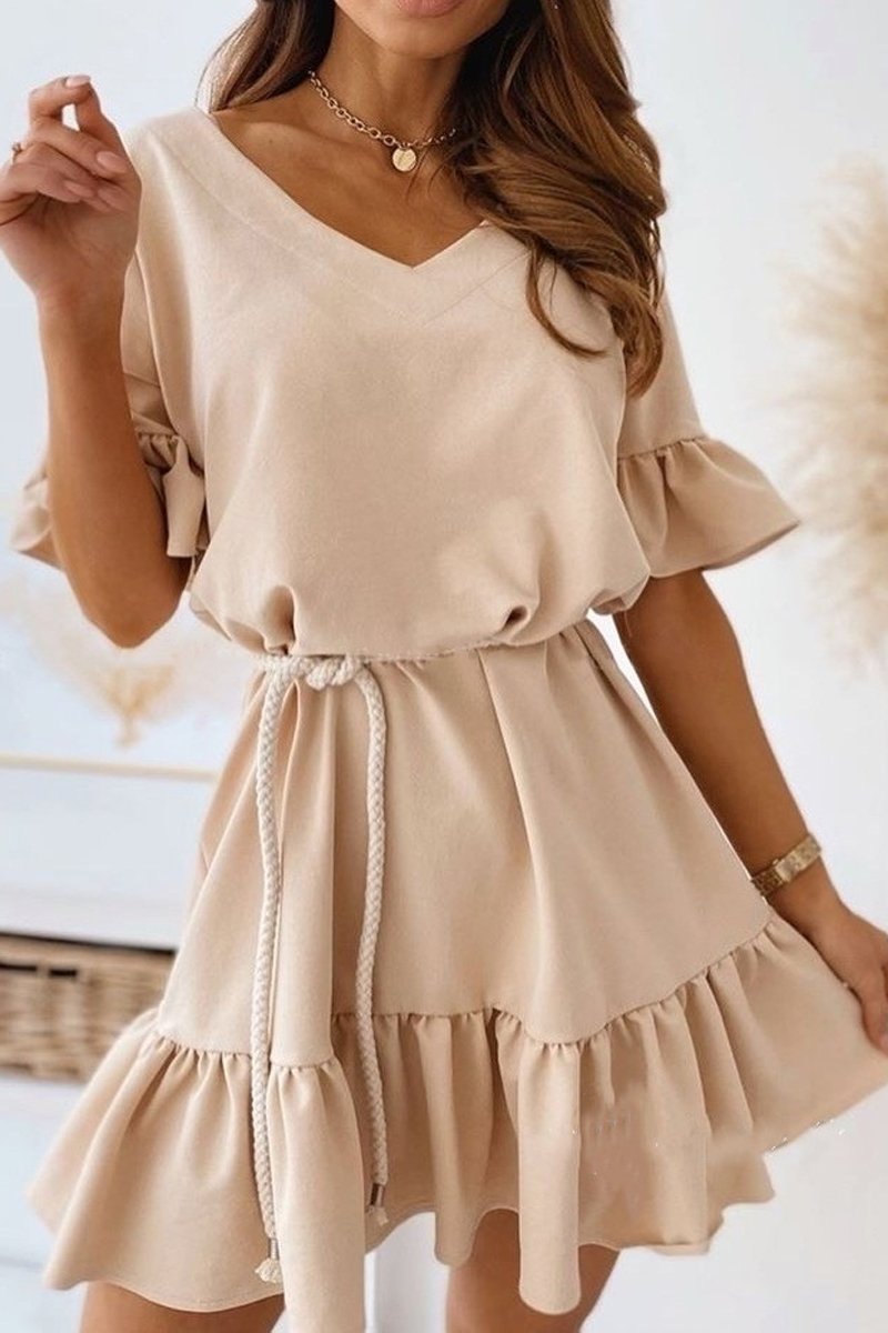 Ruffle Hem Solid V-Neck Dress(With Belt)