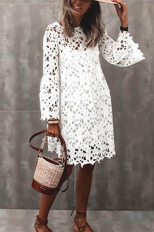 Bell Sleeve Hollow Out Lace Ruffle Dress