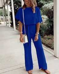 Waist Belt Up Short Sleeve Jumpsuit