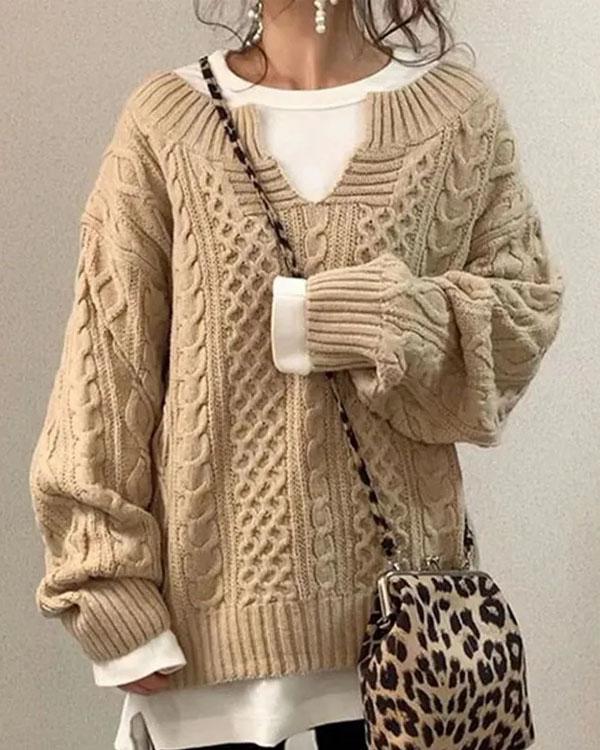 Chic V Neck Hand Twist Sweater