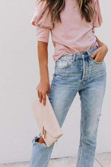 Puff Sleeve Round Neck Cotton T-Shirt