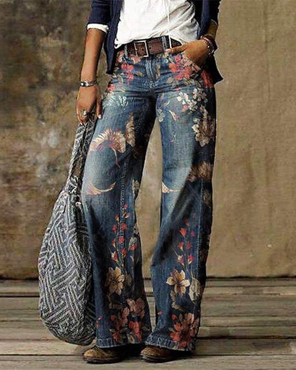 Blue Floral Casual Print Pants