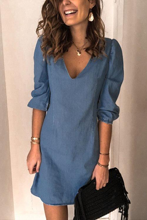 Casual V Neck Elastic Cuff Sleeve Mini Dress(4 Colors)