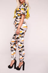 Camouflage Printed Short Sleeve Zipper Jumpsuit