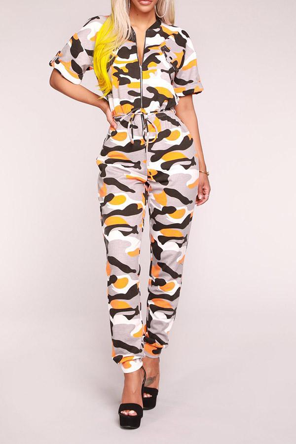 Camouflage Printed Short Sleeve Zipper Jumpsuit