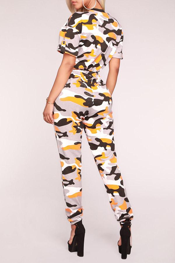 Camouflage Printed Short Sleeve Zipper Jumpsuit