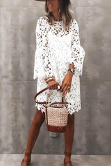 Bell Sleeve Hollow Out Lace Ruffle Dress