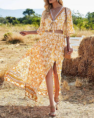 Casual Vintage Boho V-Neck Print Dress