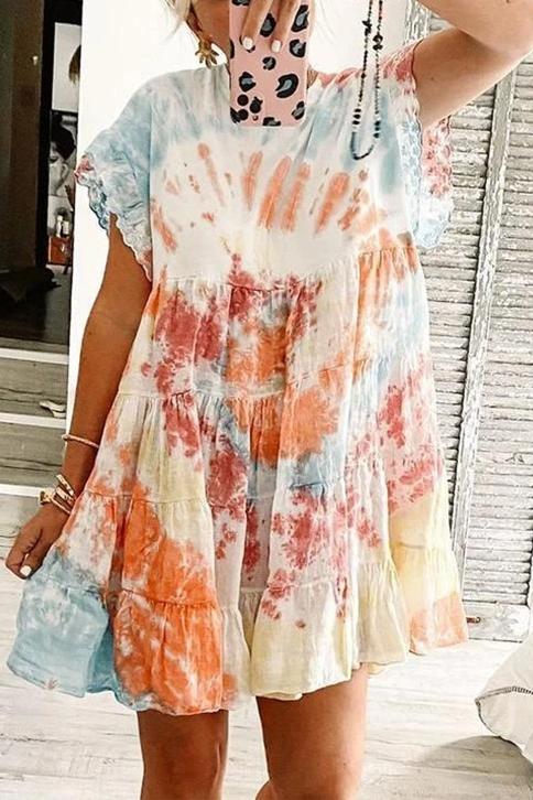 Tie Dye Print Ruched Sleeve Mini Dress