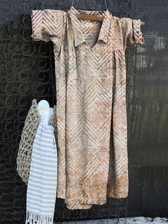 Vintage Print V-Neck Cotton Linen Loose Long Sleeve Dress