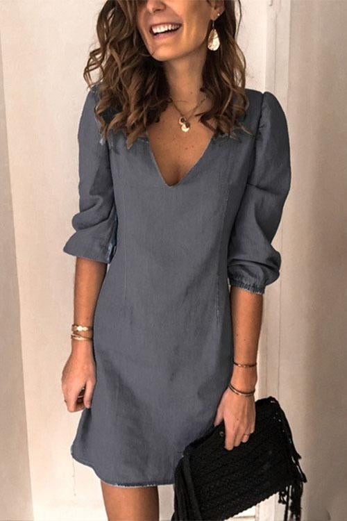 Casual V Neck Elastic Cuff Sleeve Mini Dress(4 Colors)