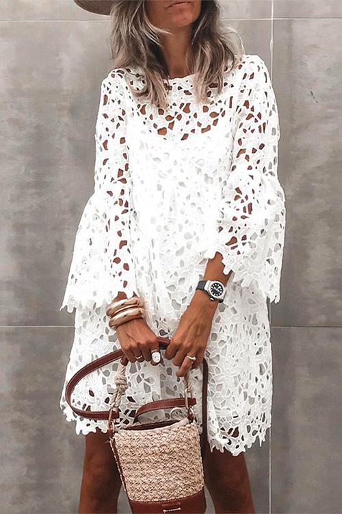 Bell Sleeve Hollow Out Lace Ruffle Dress