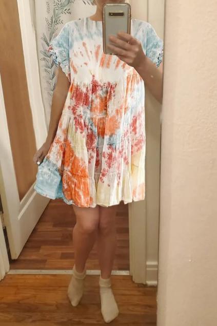 Tie Dye Print Ruched Sleeve Mini Dress