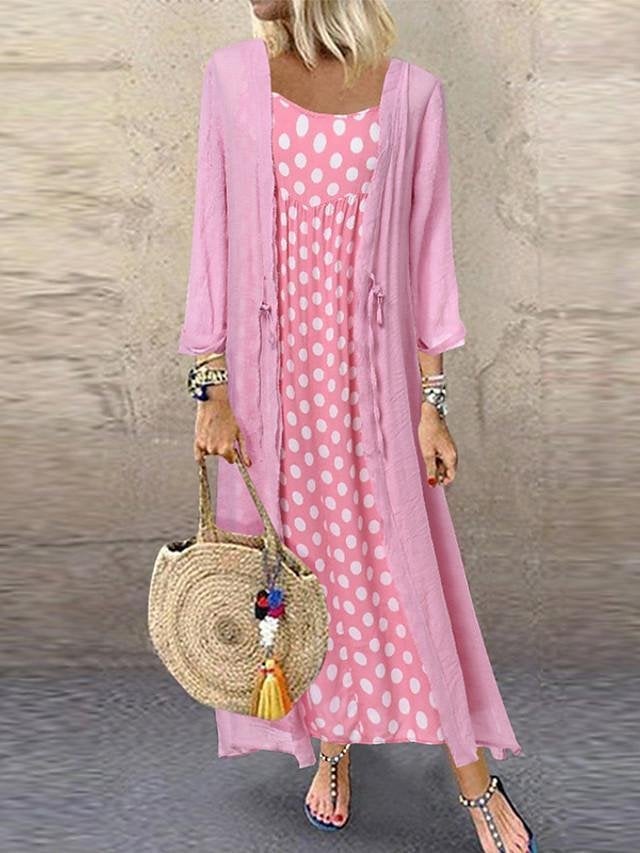 Women's Two Piece Dress Maxi long Dress - Long Sleeve Polka Dot Print Spring & Summer Hot Casual Loose Black Blushing Pink Orange M L XL XXL 3XL 4XL 5XL