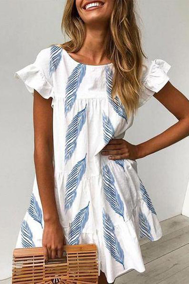 Ruffle Feather Print Casual Dress