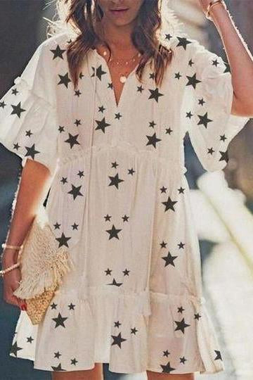 Sweet Star Print V-Neck Tassel Dress