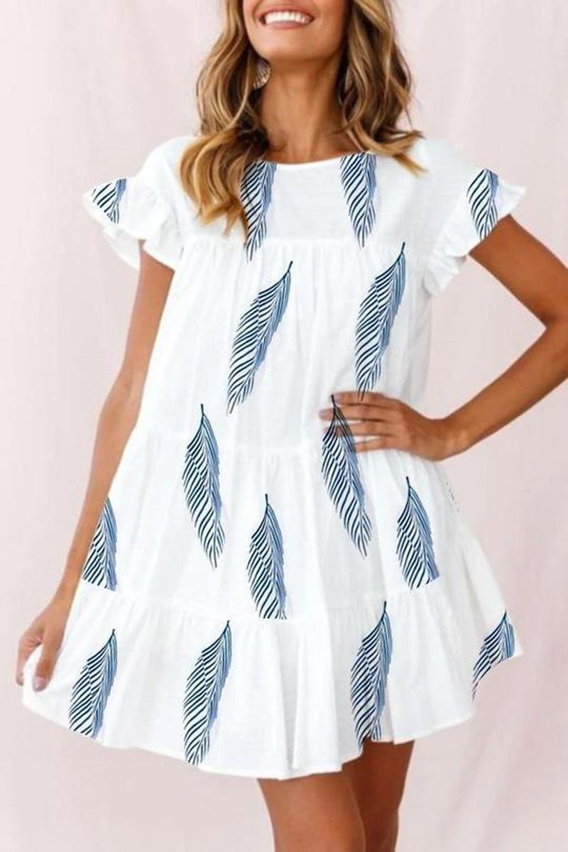 Ruffle Feather Print Casual Dress