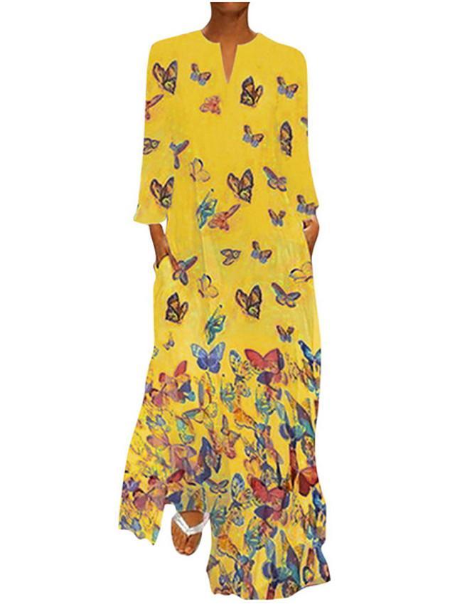 Women's Shift Dress Maxi long Dress - Long Sleeve Butterfly Spring Fall Hot Loose White Yellow Blushing Pink Light Blue S M L XL XXL 3XL 4XL 5XL