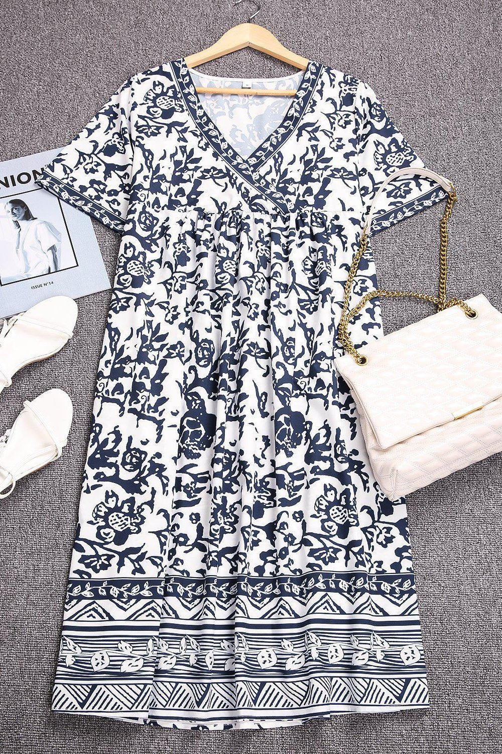 Vintage Printed Midi V-Neck Dress