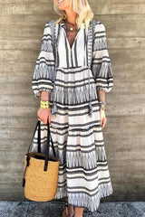 Puff Sleeve V-Neck Striped Print Dress