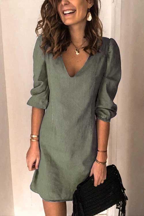 Casual V Neck Elastic Cuff Sleeve Mini Dress(4 Colors)