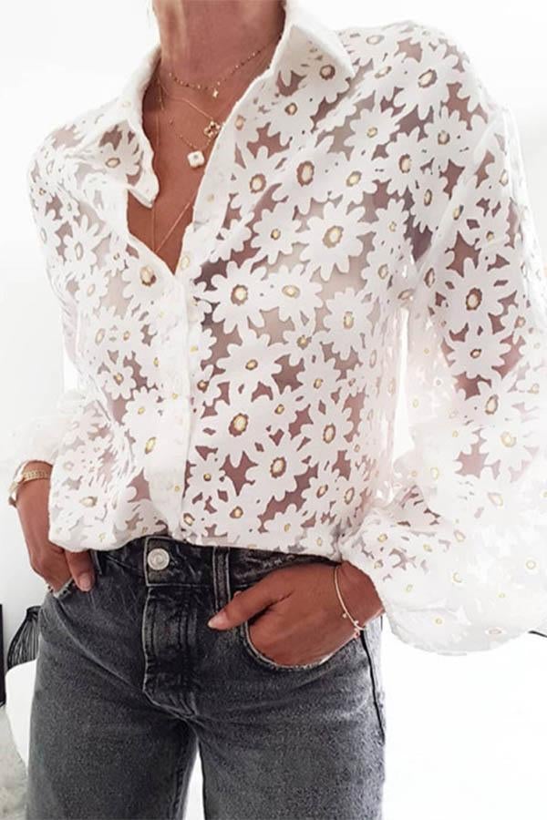 See-through Puff Sleeve Print Shirts