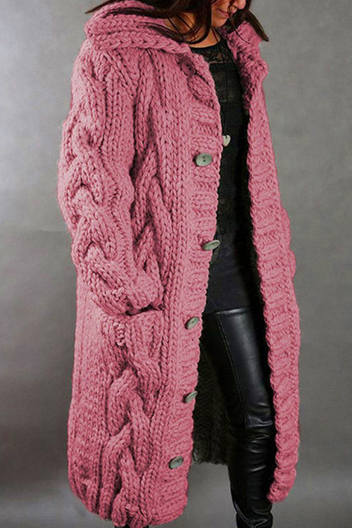 Button Down Cable Knit Long Thick Cardigan