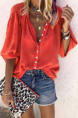 Buttons Design Lace-up Red Blouse