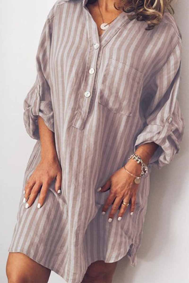 Printed Striped Long Shirt Mini Dress(6 Colors)