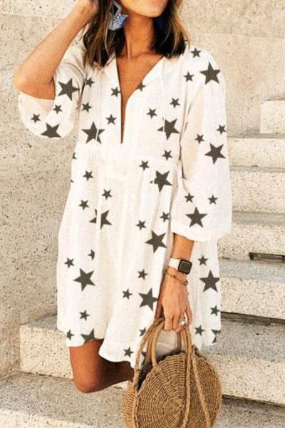 Sweet Star Print V-Neck Tassel Dress