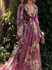 Women's Chiffon Dress Maxi long Dress Purple Long Sleeve Floral Color Block Summer V Neck Holiday Boho 2021 S M L XL XXL 3XL