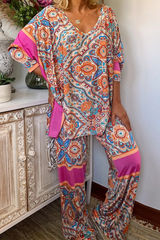 Vintage Ethnic Print V-Neck Two Pieces Sets