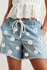 Printed Elastic Waist Stretch Denim Shorts