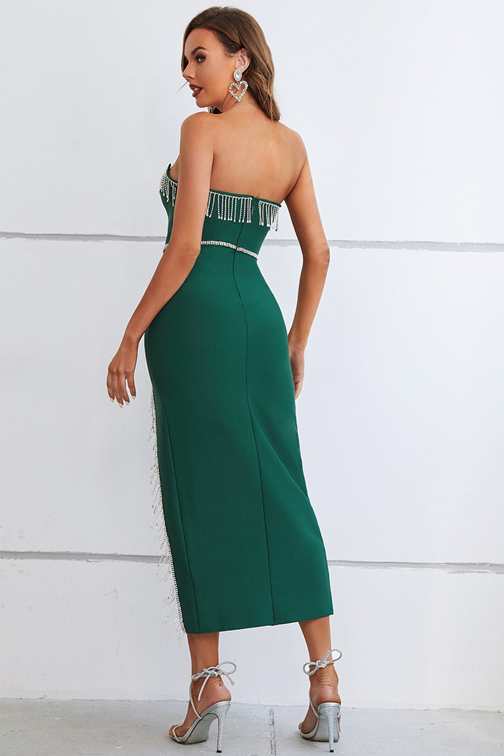 Sefa Strapless Fringe Long Slit Bandage Dress