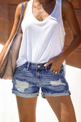 Ripped Fringed Dolid Color Regular Shorts