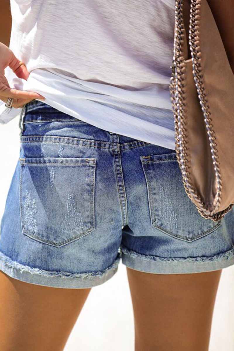 Ripped Fringed Dolid Color Regular Shorts