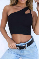 Pure Color Sexy Single Shoulder Strap Hollow Tops