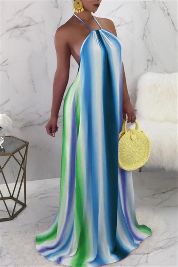 Rainbow Stripe Halter Neck Maxi Dress