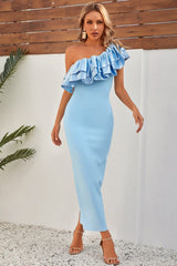 Santorini Ruffle Blue Maxi Bandage Dress