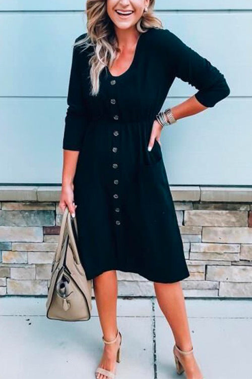 Button Down High Waist Pockets Dress