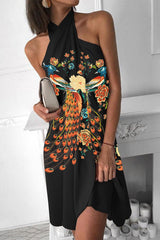 Printed Lace-Up Halter Neck Dress