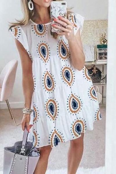 Scoop Neck Ruched Sleeve Print Dress