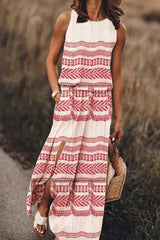 Printed Striped Maxi Dress With Pocket