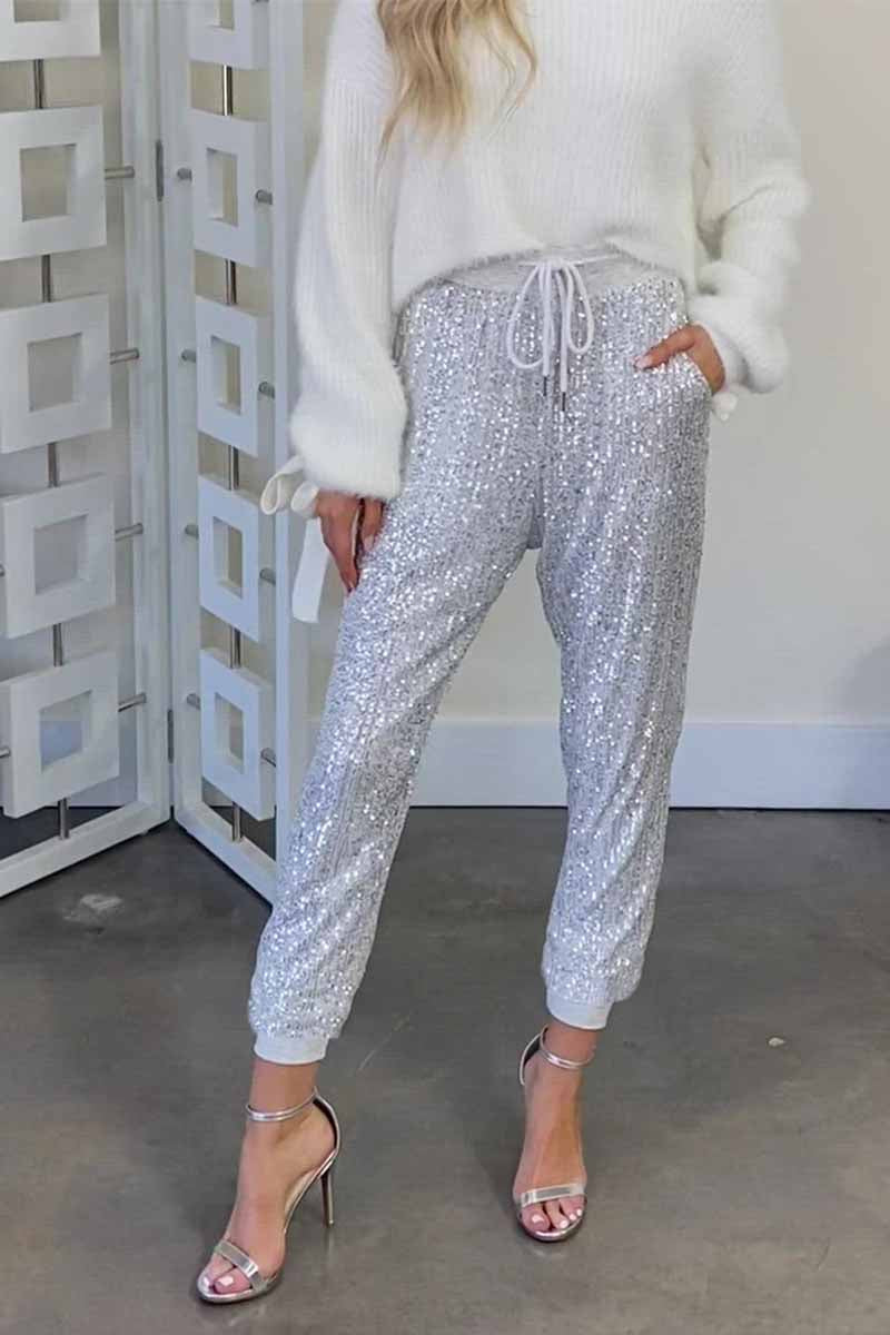 Ruffled High Waist Drawstring Sequined Pants(3 Colors)